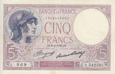 France 5 Francs - Helmeted woman - 06-04-1933 - Serial A.54258