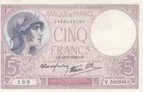 France 5 Francs - Helmeted woman - 13-07-1939 - Serial V.58006