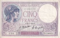 France 5 Francs - Helmeted woman - 25-07-1924 - Serial D.19021 - P.72
