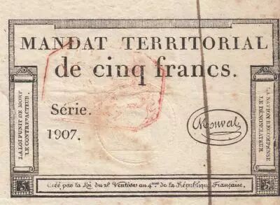 France 5 Francs - Mandat Territorial - 28 Ventose de l\'an 4 - Serial 1907 - Red stamp