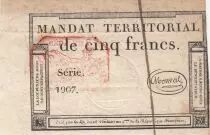 France 5 Francs - Mandat Territorial - 28 Ventose de l\'an 4 - Série 1907 - Cachet Rouge