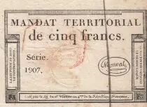 France 5 Francs - Mandat Territorial - 28 Ventose de l\'an 4 - Série 1907 - Cachet Rouge