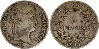 France 5 Francs - Napol�on I t�te laur�e - 1811 A (Paris) espac�