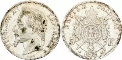 France 5 Francs - Napol�on III - Laurelled Head - A Paris - 1867