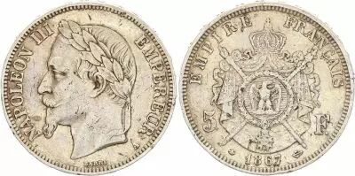 France 5 Francs - Napol�on III - Laurelled Head - A Paris - 1867
