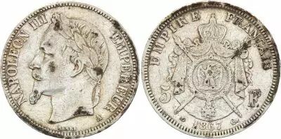 France 5 Francs - Napol�on III - Laurelled Head - A Paris - 1867