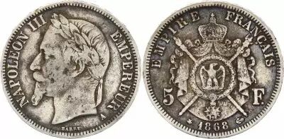 France 5 Francs - Napol�on III - Laurelled Head - A Paris - 1868