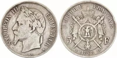 France 5 Francs - Napol�on III - Laurelled Head - Strasbourg - 1868