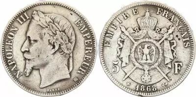 France 5 Francs - Napol�on III - Laurelled Head - Strasbourg - 1868