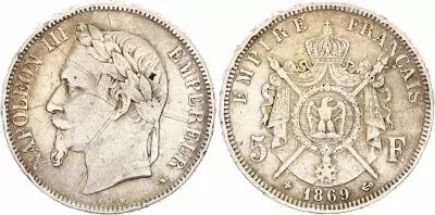 France 5 Francs - Napol�on III - Laurelled Head - Strasbourg - 1869