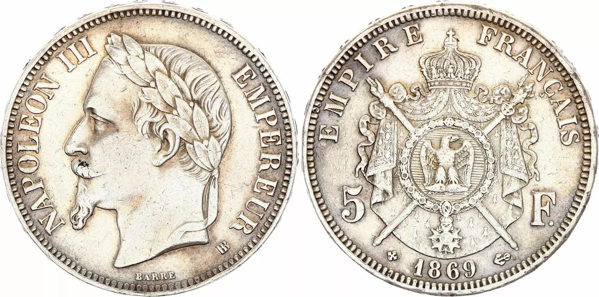 Coin France 5 Francs Napol on III Laurelled Head Strasbourg 1869