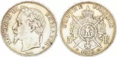 France 5 Francs - Napol�on III - Laurelled Head - Strasbourg - 1869