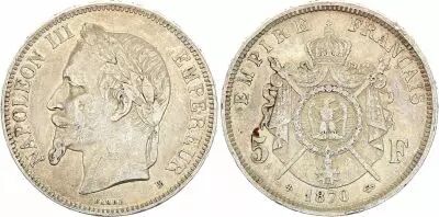 France 5 Francs - Napol�on III - Laurelled Head - Strasbourg - 1870