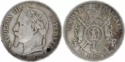 France 5 Francs - Napol�on III - T�te laur�e - A Paris - 1867