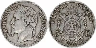 France 5 Francs - Napol�on III - T�te laur�e - BB Strasbourg - 1867