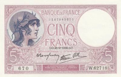 France 5 Francs - Personification of France - 29-09-1939 - Series W.62718 670