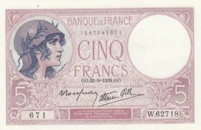 France 5 Francs - Personification of France - 29-09-1939 - Series W.62718 671
