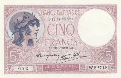 France 5 Francs - Personification of France - 29-09-1939 - Series W.62718 672
