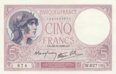 France 5 Francs - Personification of France - 29-09-1939 - Series W.62718 674