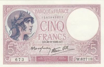 France 5 Francs - Personnification de la France - 29-09-1939 - S�rie W.62718 673
