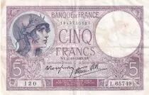France 5 Francs - Purple - 02-11-1939  - Serial L.65749 - P.79