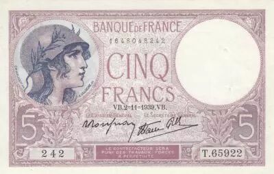 France 5 Francs - Purple - 02-11-1939  - Serial T.65922