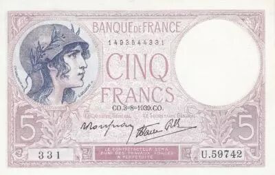 France 5 Francs - Purple - 03-08-1939  - Serial U.59742