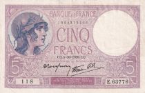 France 5 Francs - Purple - 05-10-1939  - Serial E.63776 - P.79