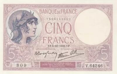 France 5 Francs - Purple - 05-10-1939 - Serial V.64246