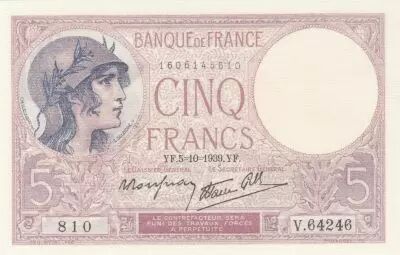 France 5 Francs - Purple - 05-10-1939 - Serial V.64246