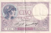 France 5 Francs - Purple - 06-04-1933 - Serial B.54279 - P.79