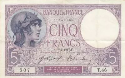 France 5 Francs - Purple - 07-12-1917 - Serial T.46