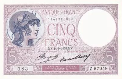 France 5 Francs - Purple - 14-09-1933  - Serial Z.57949 - last issuing date