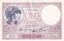 France 5 Francs - Purple - 14-09-1939  - Serial P.62522-083 - P.79