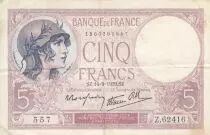 France 5 Francs - Purple - 14-09-1939  - Serial Z.62416