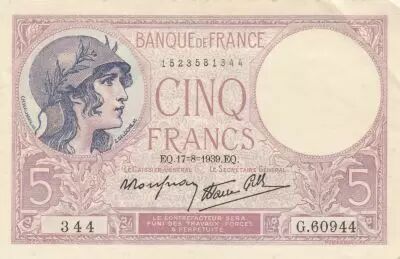 France 5 Francs - Purple - 17-08-1939 - Serial S�rie G.60944