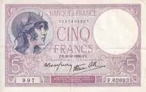 France 5 Francs - Purple - 21-09-1939 - Serial F.62693 - P.79