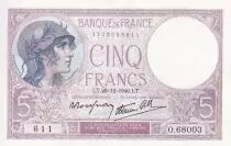 France 5 Francs - Purple - 26-12-1940 - Serial O.68003 - P.79