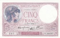 France 5 Francs - Purple - 27-07-1939 - Serial O.59297 - P.79