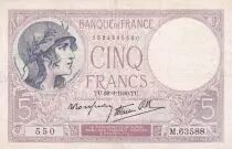 France 5 Francs - Purple - 28-09-1939  - Serial M.63588 - P.79