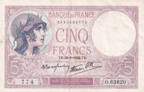 France 5 Francs - Purple - 28-09-1939  - Serial O.63620-774 - P.79