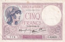 France 5 Francs - Purple - 28-09-1939  - Serial O.63620-779 - P.79