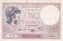 France 5 Francs - Purple - 28-09-1939  - Serial O.63620-779 - P.79