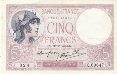 France 5 Francs - Purple - 28-09-1939  - Serial Q.63647