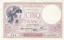France 5 Francs - Purple - 28-09-1939  - Serial Q.63647