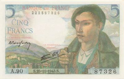 France 5 Francs - Sheperd -  25-11-1943 - Serial A.90
