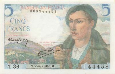 France 5 Francs - Sheperd - 22-07-1943 - Serial T.36