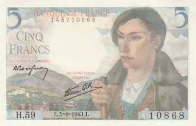 France 5 Francs - Shepherd - 05-08-1943 Serial H.59