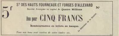 France 5 Francs - Soci�t� des hauts fourneaux et forges d\'Allevard (Is�re)