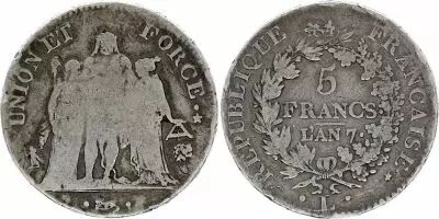 France 5 Francs - Union et Force - An 7 - L Bayonne